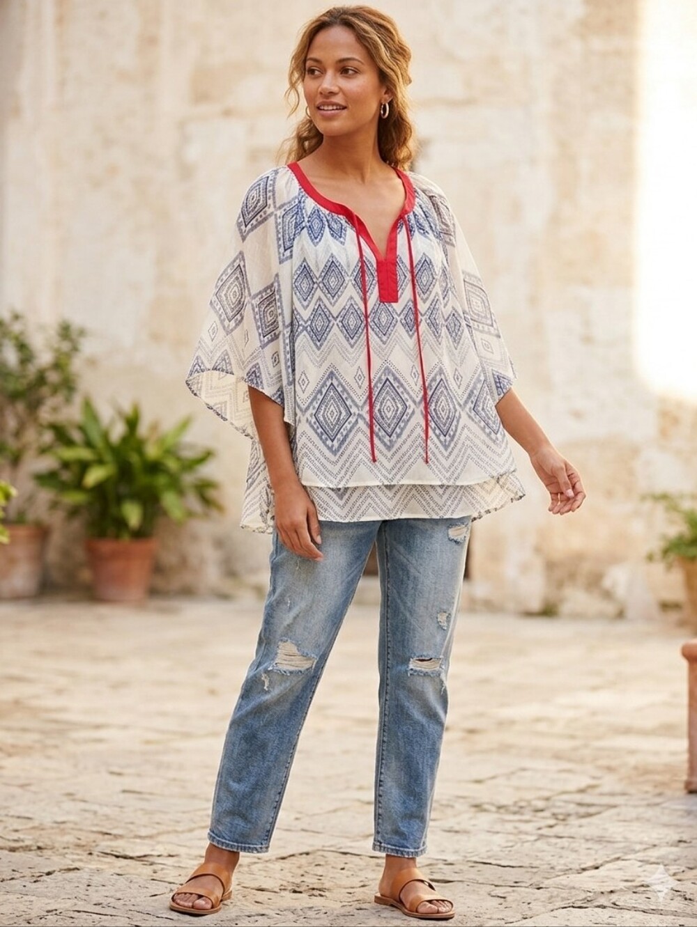 ARIAT flowy v-neck blouse geometric boho blue red white Sz Small casual top